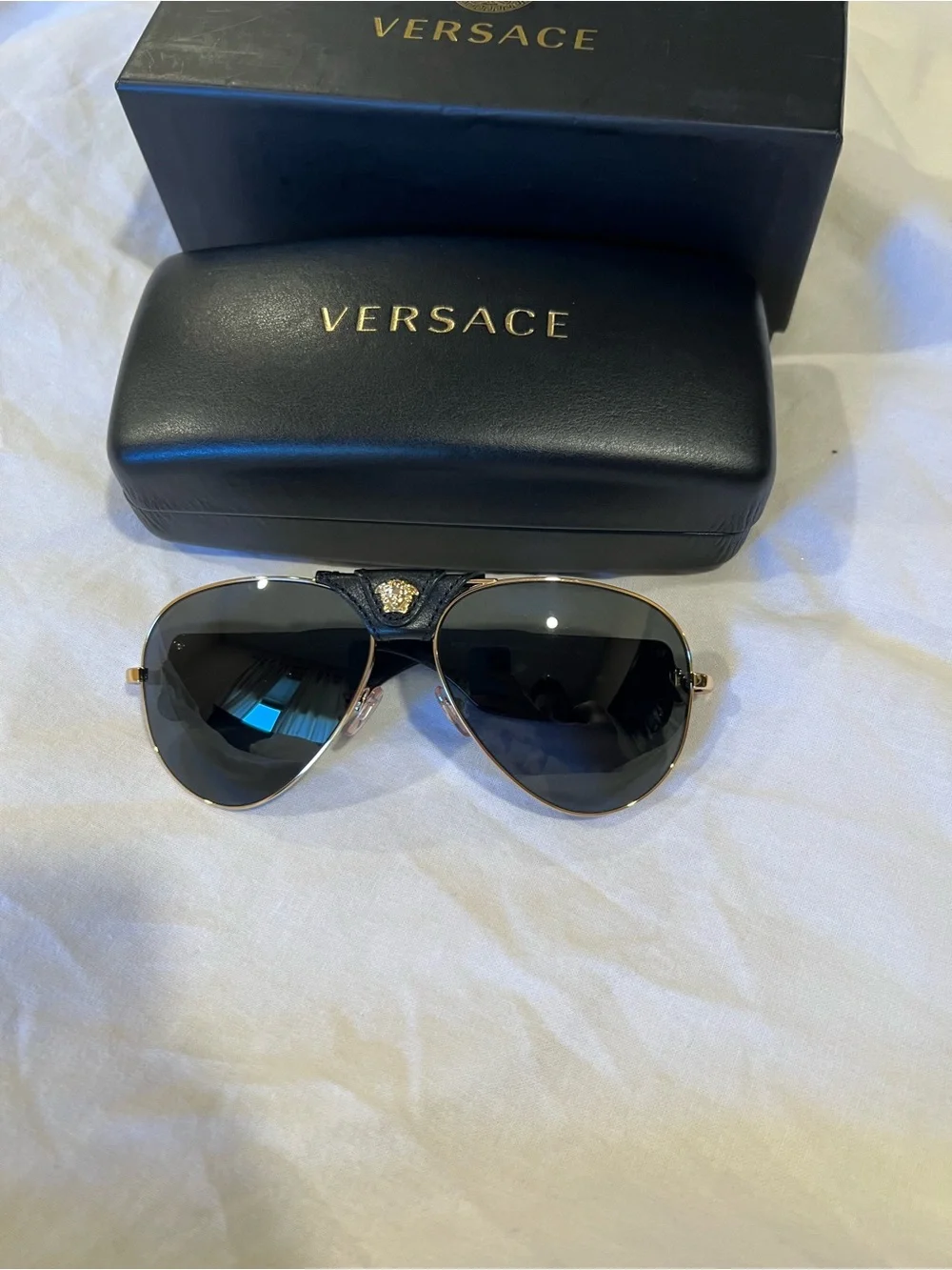 Versace sunglasses VE2150-Q (gold/black aviators with leather Medusa bridge)
